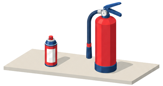 一リットル以下の缶とキッチンの消火器を比べるイラスト