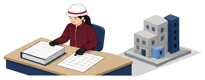 報告書と建築物概要書を並べて確認する女性検査員のイラスト