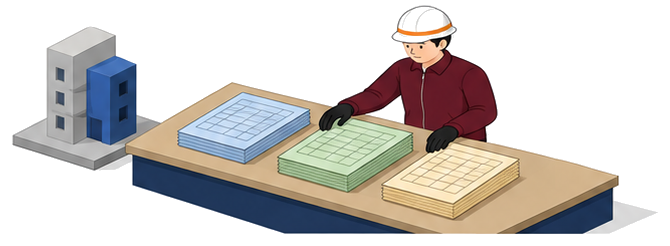 申込み様式を書類ごとに分けて確認する男性検査員のイラスト