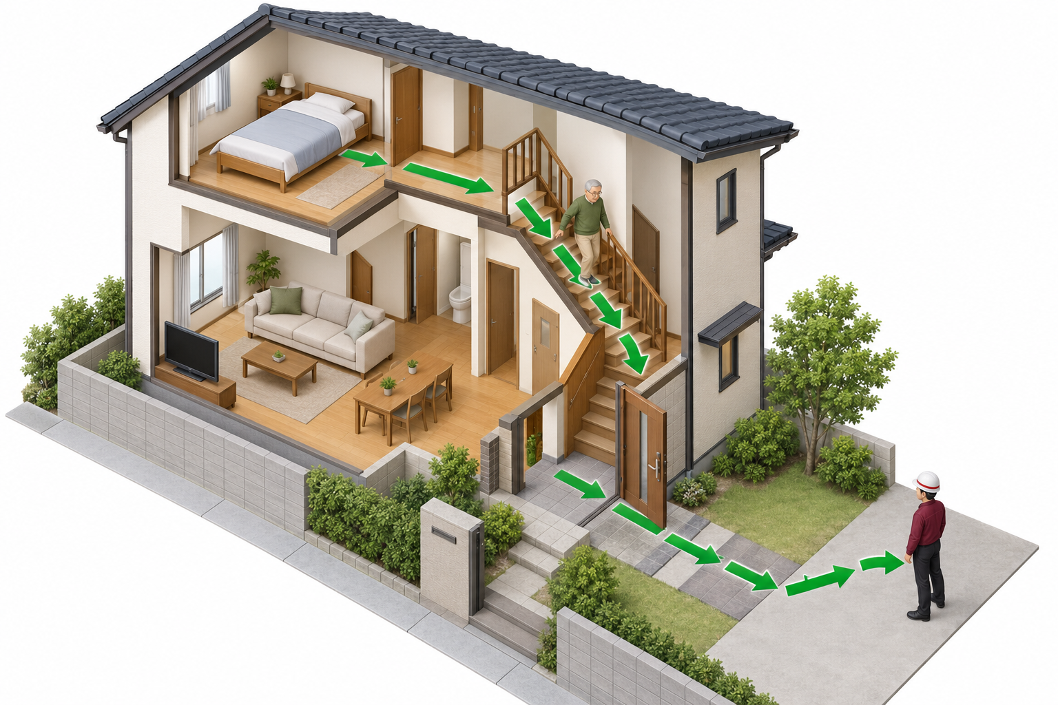 2階寝室から階段と玄関を通って屋外へ避難する一般的な図解