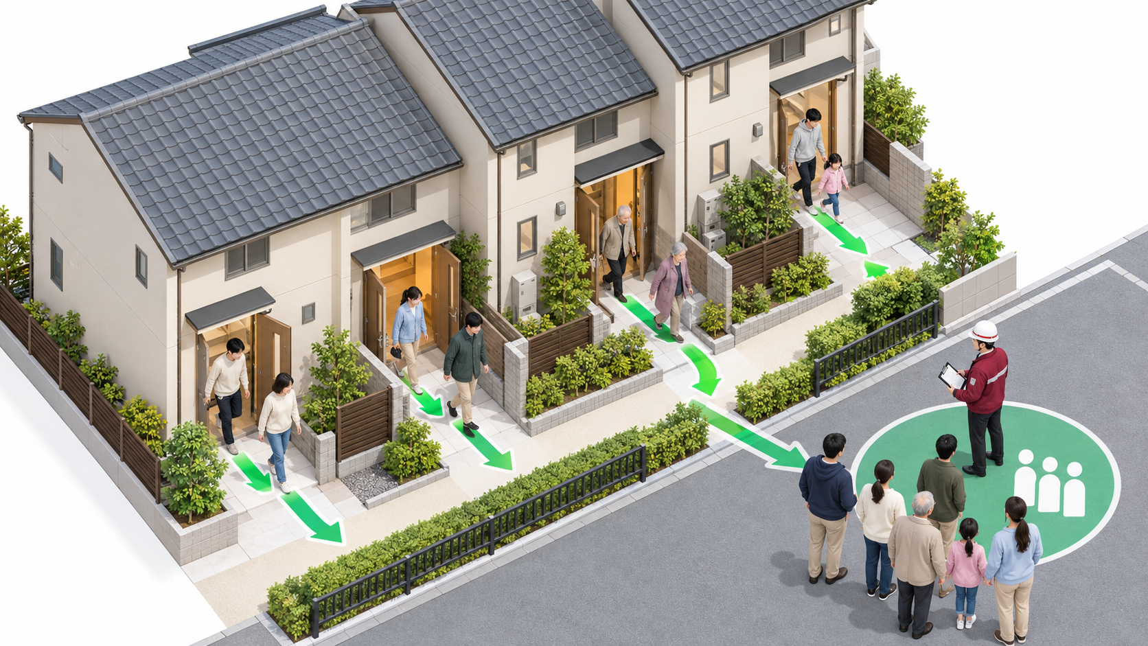 連棟住宅の住人が道路へ避難し人数を確認する一般的なアイソメ図解