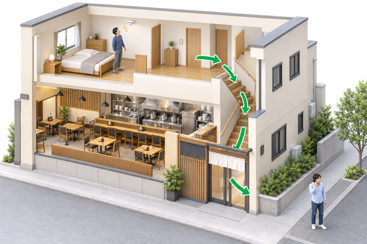 上階住居で警報を受けて避難する一般的なイメージ図