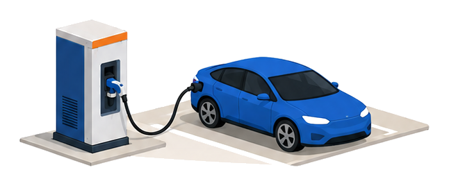 コネクターを用いて電気自動車等を充電する一体型の急速充電設備を示すイメージ