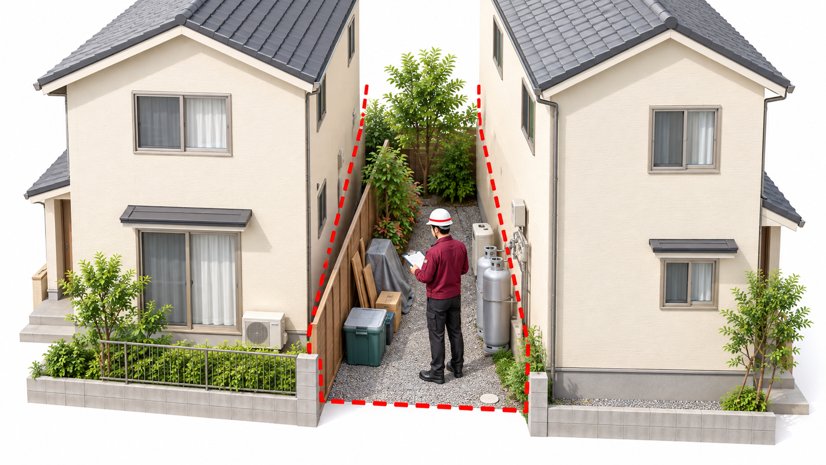 隣接する住宅の間にある可燃物や開口部を点検する㈱防災屋の担当者