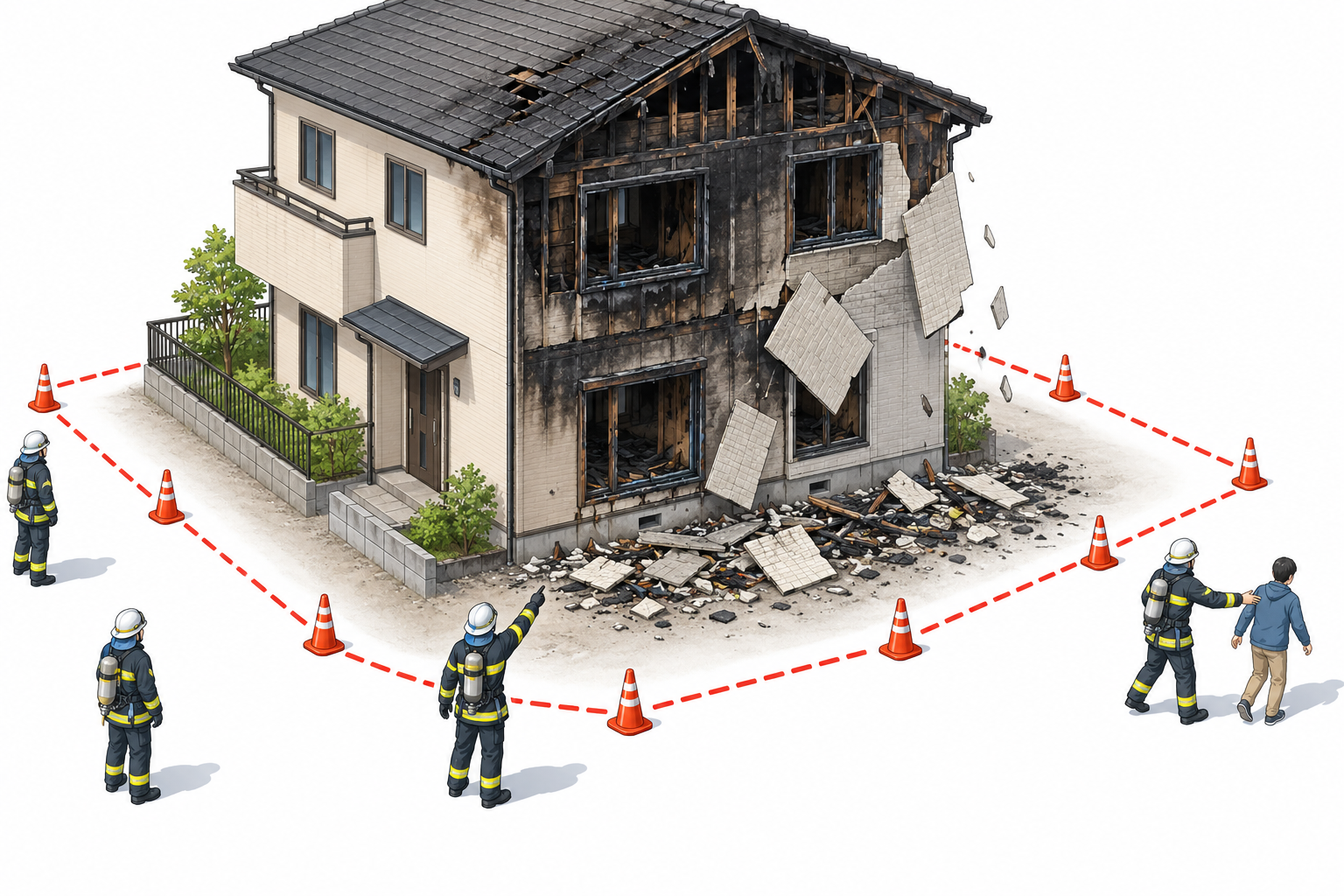 火災建物の外壁周辺から距離を取る一般的なイメージ図