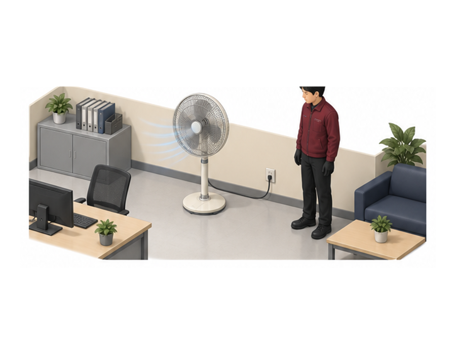 担当者が社内待機中の扇風機を近くで監視するアイソメ図