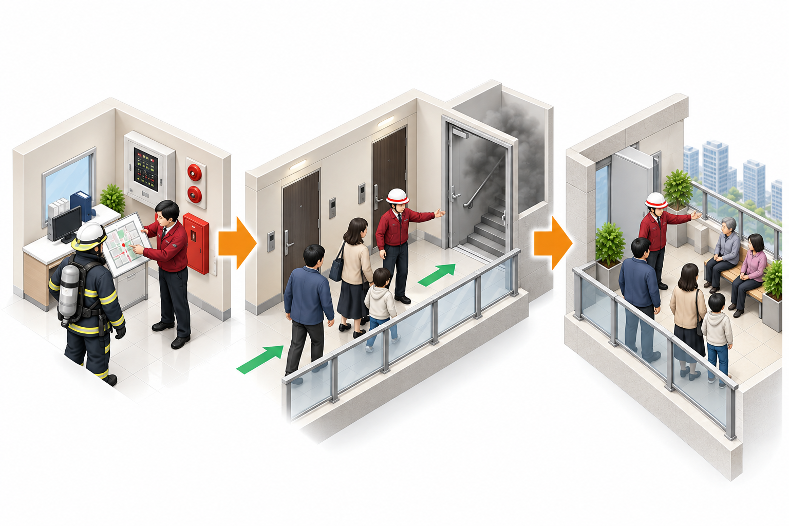 代替経路と退避場所を案内し消防隊へ情報提供する㈱防災屋テイストの図