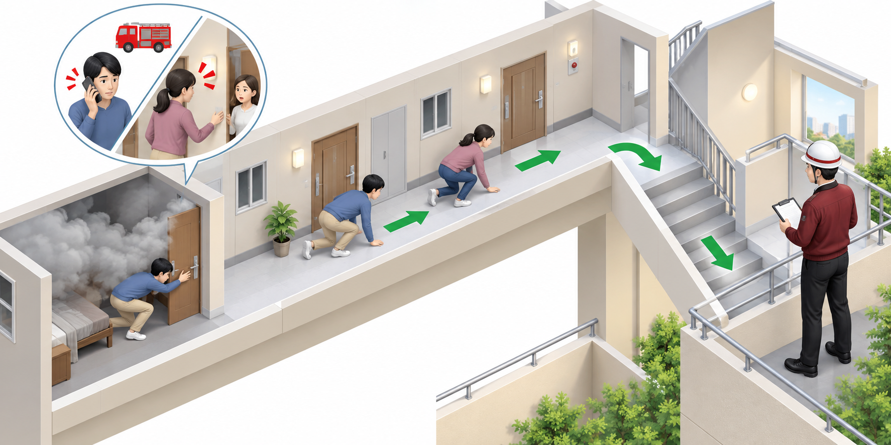 共同住宅で煙を見つけて119番通報し階段へ避難する住人と確認する㈱防災屋の担当者