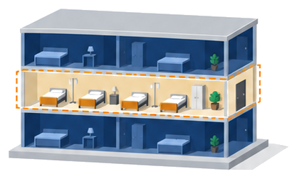 共同住宅の断面のうち一部の階が老人福祉施設の部分として破線で囲まれている様子