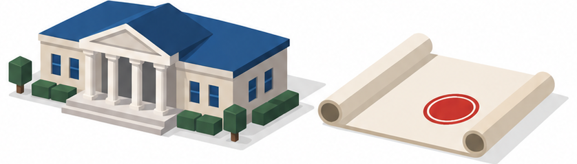 市役所の建物と印を押された巻物のイラスト