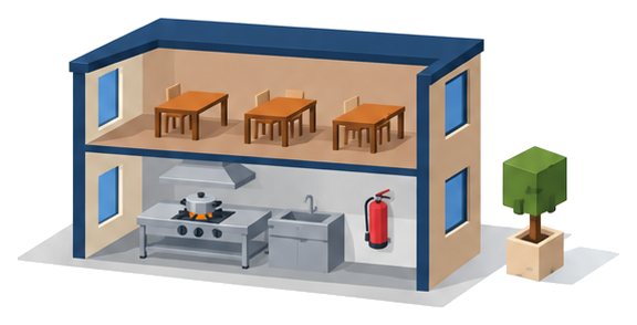 二階建ての飲食店の断面図で、一階の厨房にだけ消火器が置かれたイラスト