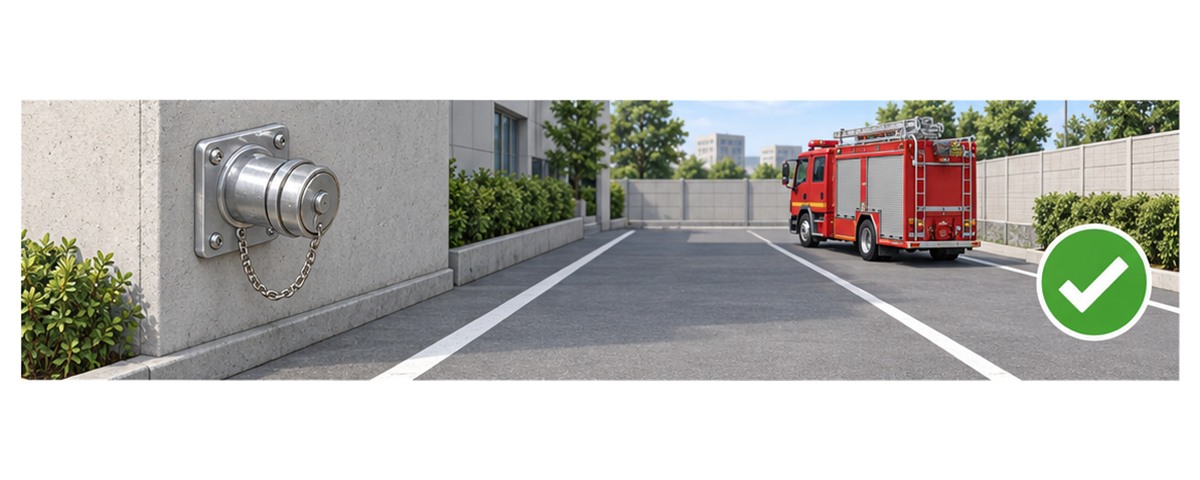 復旧した消防用水採水口と消防車の接近場所を示す横長アイソメ図
