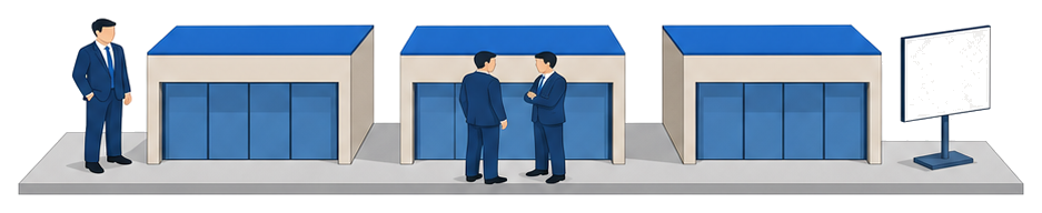 同じ形の建物が三棟並びそれぞれに関わる人や掲示板が異なることを示したイメージ