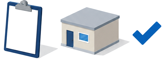 検定手続きのチェックリストと建物のイラスト