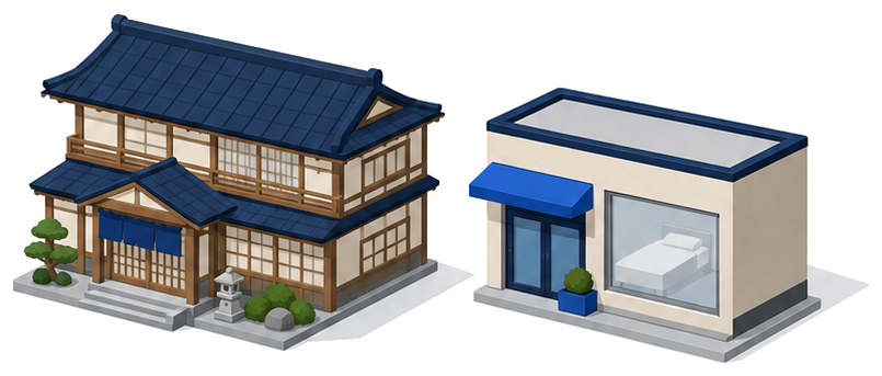 伝統的な旅館建物と、寝具が透けて見える小さな店舗建物を並べたイメージ