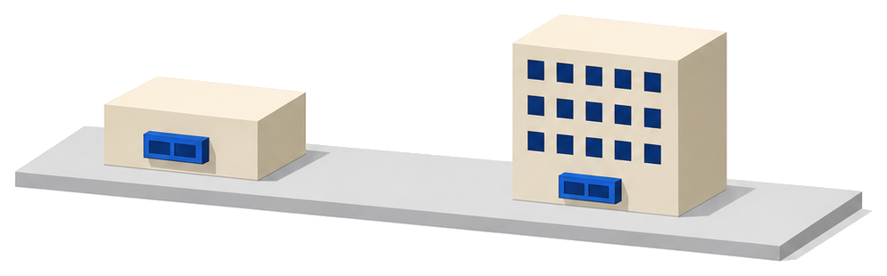 小さな建物と大きな建物に同じ大きさの受信機が付いているイラスト