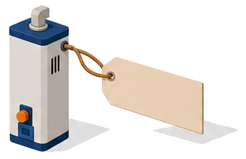 ガスこんろや給湯器などの機器に合格表示のラベルが貼られている様子のイラスト