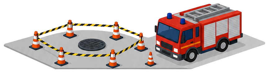 道路のマンホール周囲にロープと三角コーンで境界線を作るイラスト