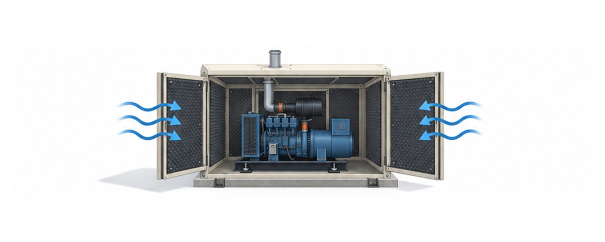 発電機キュービクルの扉と壁と天井にある防音材を示す横長アイソメ図