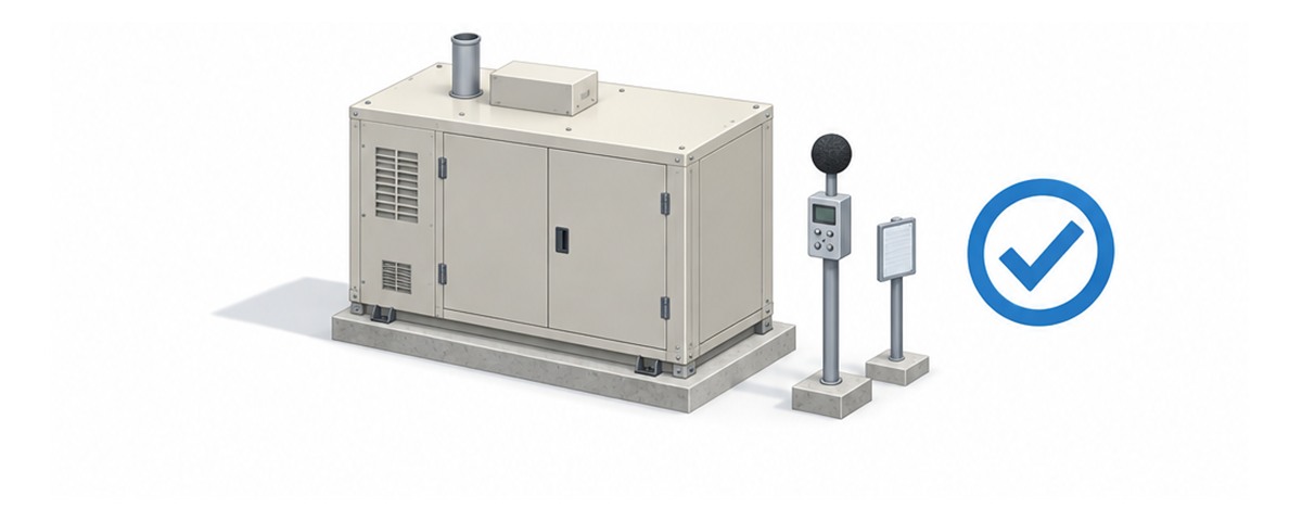 防音材を補修して扉を閉め騒音を確認する自家発電設備の横長アイソメ図