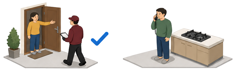 担当者を招き入れる住人と受話器を持つ住人のイラスト