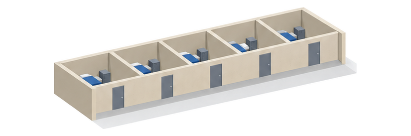 薄ベージュのコンクリートの建物の断面に、灰色の頑丈な戸が並ぶ小さな部屋が一列に並び、長い廊下が沿って走っているイメージ