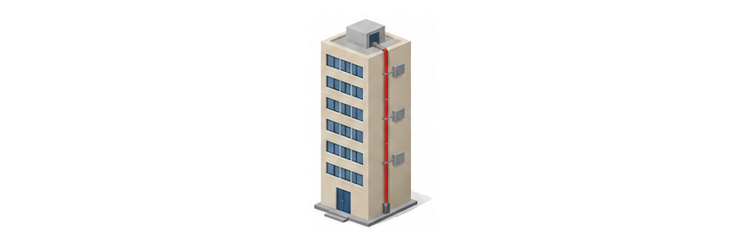 薄ベージュの細長い高い建物が小さく描かれ、外側に細い赤い縦の配管が上の階まで伸び、壁に小さな灰色の電気の箱がついているイメージ