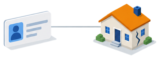 身分証カードとひび割れた住宅を線でつないだイラスト
