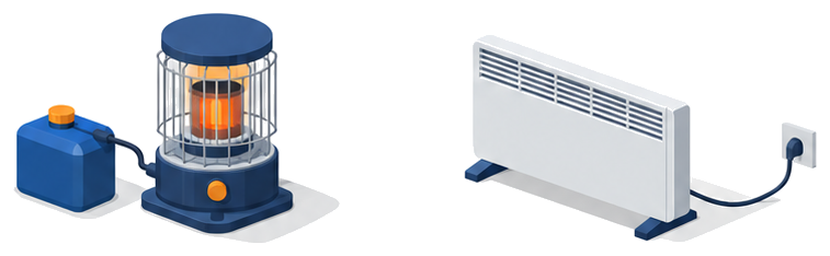 液体燃料のストーブと電気を熱源とする器具を並べたイメージ
