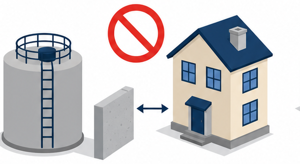 タンクと住宅が近接し間の低い塀に赤い禁止マークが重ねられたイラスト
