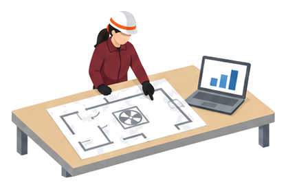 排煙風量の測定データを建築確認図書と照合する女性検査員
