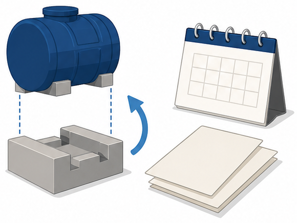 基礎からタンクを撤去する矢印とカレンダーと届出書類が並ぶイラスト