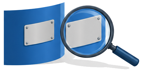 貯蔵容器の側面にある銘板を大きな拡大鏡で確認しているイメージ