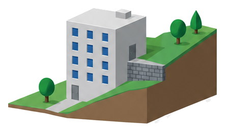 斜面に建ち低い側では一番下の階に高い側では途中の階に出入口がある建物の図