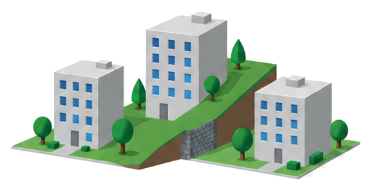 東大阪市と大阪市と堺市の扱いを比べることを表す斜面と平地に建つ三つの建物の図