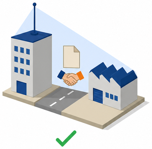 道路をはさんだ建物の間に契約書が置かれ緑のチェックマークが添えられたイラスト