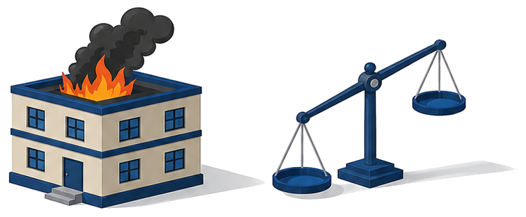 燃える建物と重い刑罰を象徴する天秤を示すイラスト