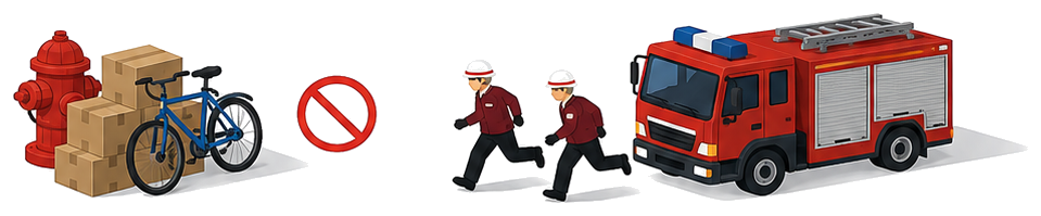 荷物でふさがれた消火栓に禁止マークが付いたイラスト