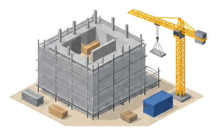 足場とクレーンに囲まれた新築工事中の大きな建物を示すイラスト