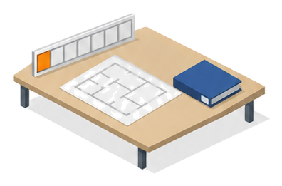 七日分のカレンダーの最初の日に印を付け机に平面図と計画書をそろえた様子を示すイラスト