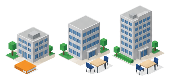 東大阪市と大阪市と堺市の三つの市役所の建物の前に提出書類と協議の机を置いて比べる様子を示すイラスト