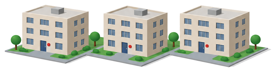 中層の建物が三棟並びそれぞれの一階の壁に小さな赤いランプが付いているイラスト