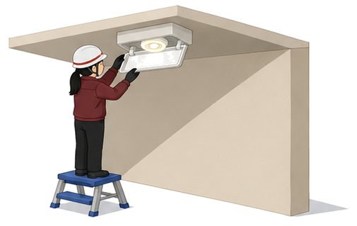 非常用照明器具のLEDランプと天井への取付けを確認する検査員