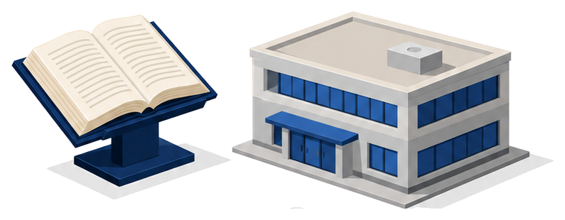 法令の書見台と事務所のような建物が並んだイラスト