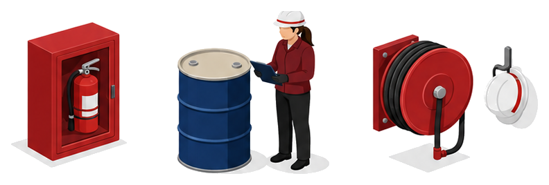 消火器ボックスとドラム缶を確認するスタッフとホース格納箱のイラスト