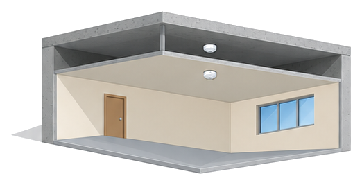 部屋の天井と天井裏の両方に感知器が付いた建物の断面のイラスト