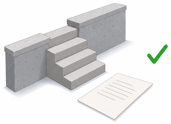 防油堤に階段を設ける軽微な工事と報告書に緑のチェックマークが添えられたイラスト