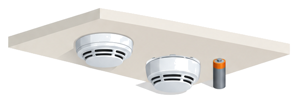 天井の無線式の感知器と取り外した感知器の横に電池を置いたイラスト