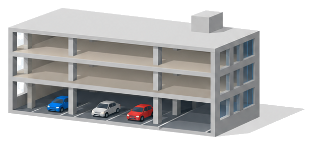 地階を駐車場にした複合用途の建物の断面のイラスト
