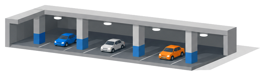柱の並ぶ地下駐車場の天井に丸い熱感知器を付けたイラスト
